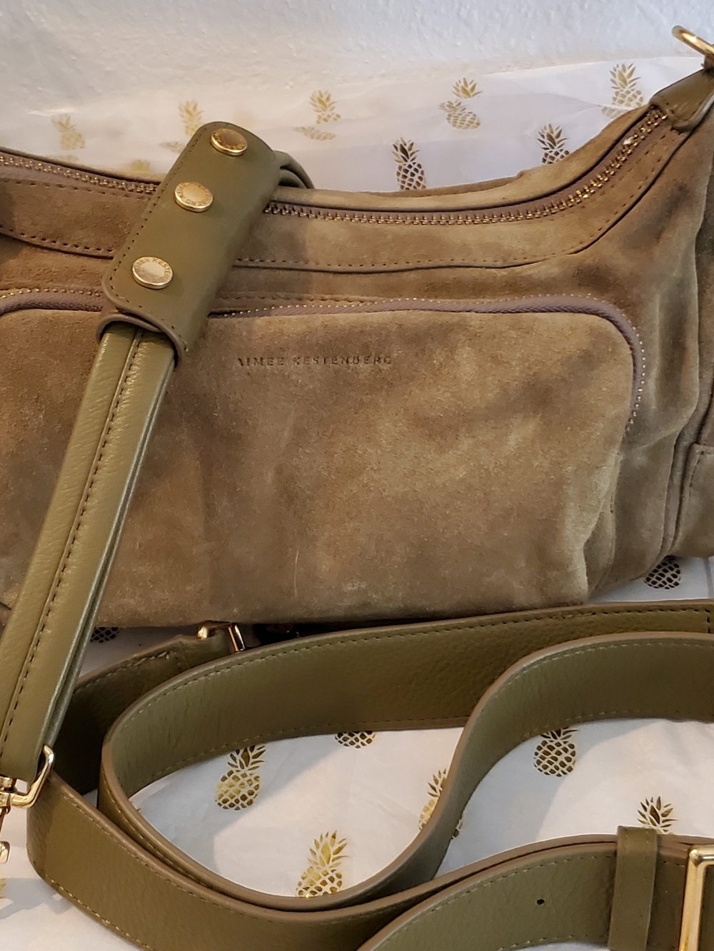 Aimee Kestenberg Olive Suede & Leather Shoulder Bag with Gold Accents